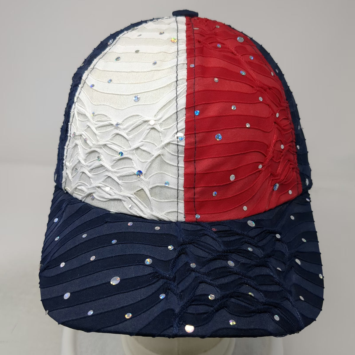 SomethingSpecial Baseball Cap Blue White Red One Size Rhinestone Ruffled Hat