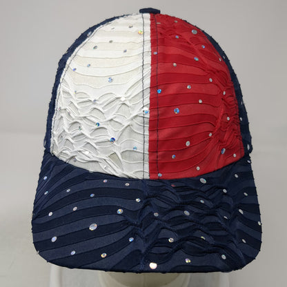 SomethingSpecial Baseball Cap Blue White Red One Size Rhinestone Ruffled Hat