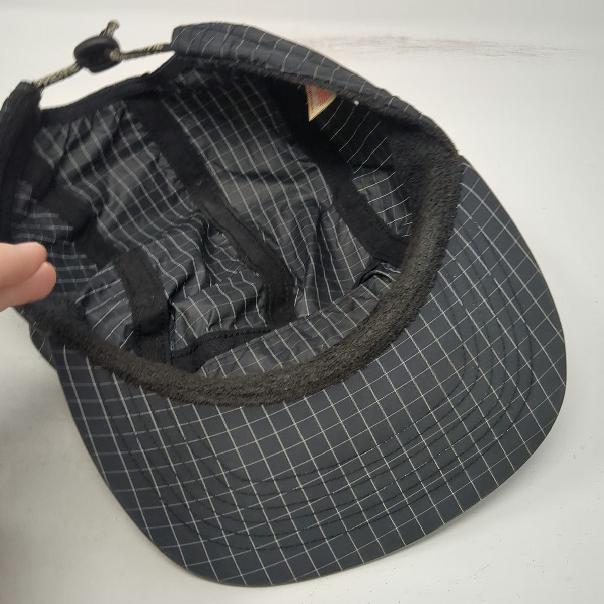 Supreme 5 Panel Black Hat Grid Pattern Drawstring Box Logo Made in USA Vintage