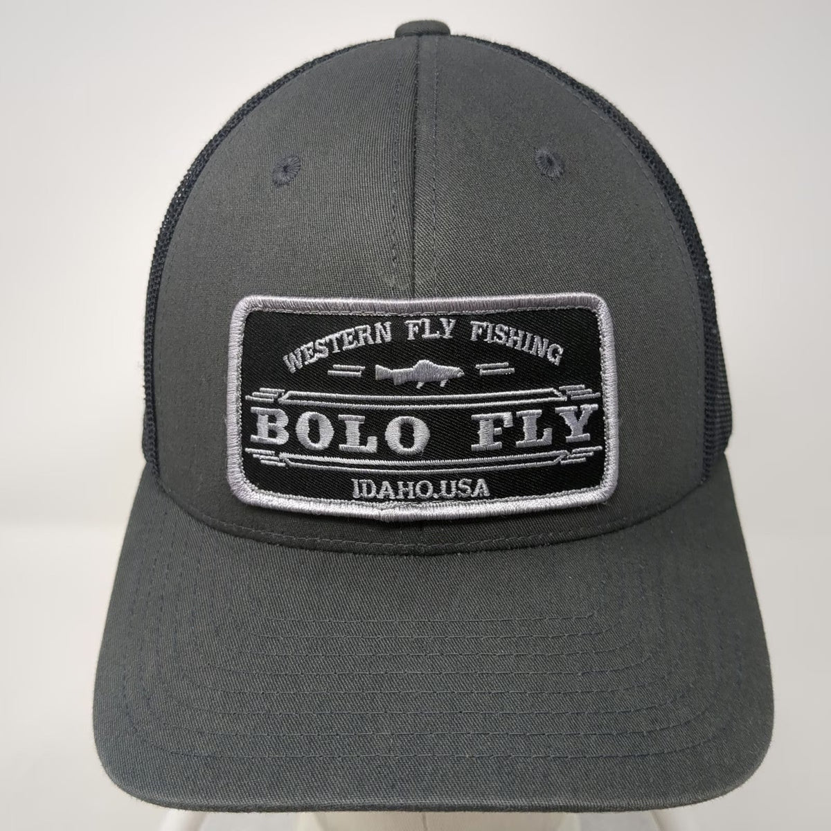 Yupoong Trucker Hat Gray Black White One Size Bolo Fly Fishing Idaho USA Patch