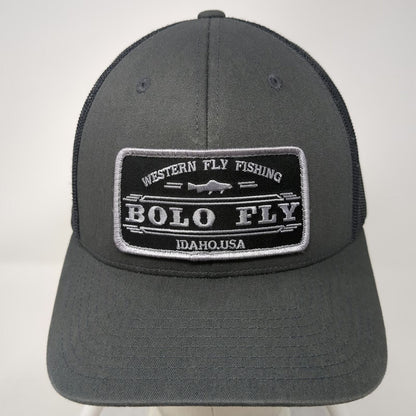 Yupoong Trucker Hat Gray Black White One Size Bolo Fly Fishing Idaho USA Patch