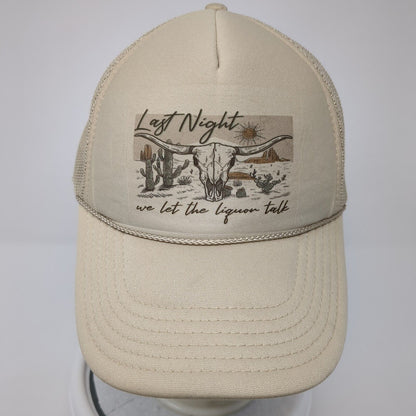 Last Night We Let The Liquor Talk Rope Trucker Hat Tan One Size Otto