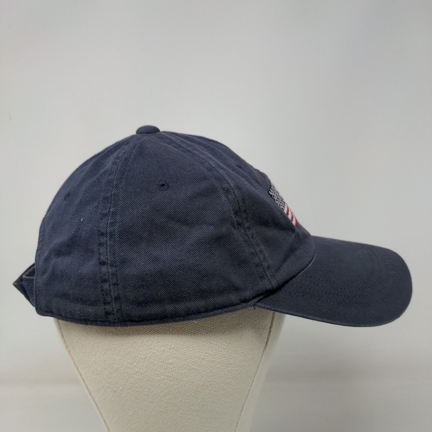 Old Navy 2004 Strapback Hat Blue S/M Embroidered American Flag Vented Holes