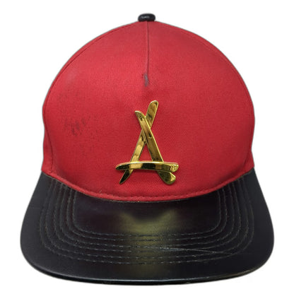 Alumni 5 Panel Red Hat One Size Watchband Strapback Metal Logo Black Flat Brim