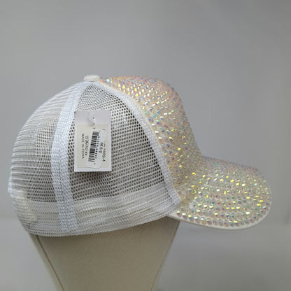 Trucker Hat White One Size Iridescent Rhinestones Gems Mesh Back Snapback Bling