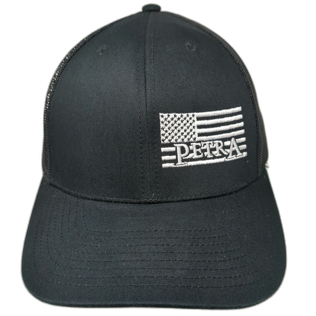 Richardson Trucker Hat Black One Size Petra American Flag Logo Mesh Snapback
