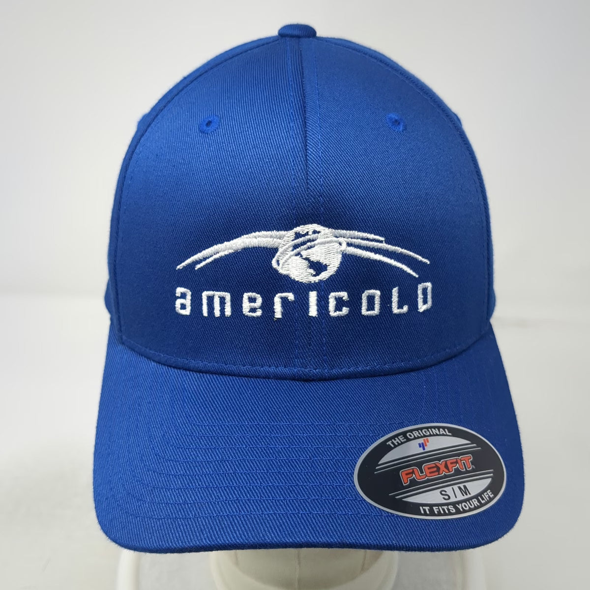 Flexfit Baseball Cap Blue M Structured Stretch Fit Americold Logo Grey Brim Hat