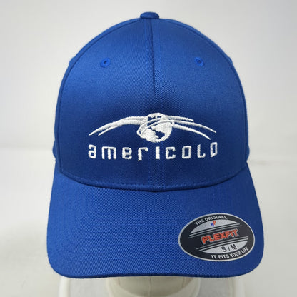 Flexfit Baseball Cap Blue M Structured Stretch Fit Americold Logo Grey Brim Hat