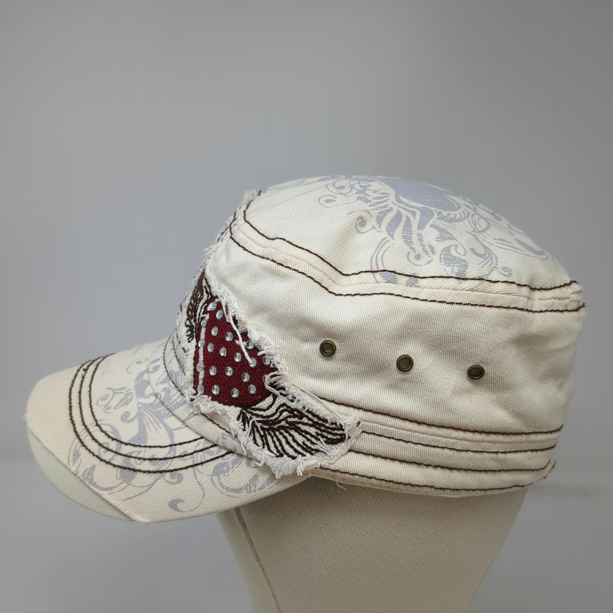Samana Army Cap White One Size Floral Heart Wing Patch Rhinestone Distressed Hat