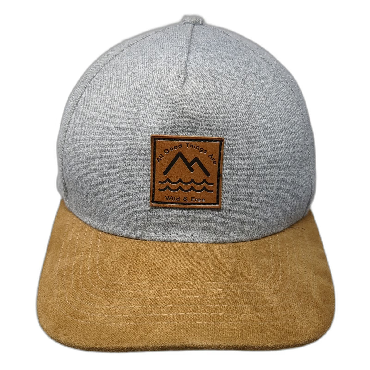 5 Panel Gray Hat One Size Suede Brim Leather Patch Snapback Mountain Wave