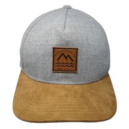 5 Panel Gray Hat One Size Suede Brim Leather Patch Snapback Mountain Wave