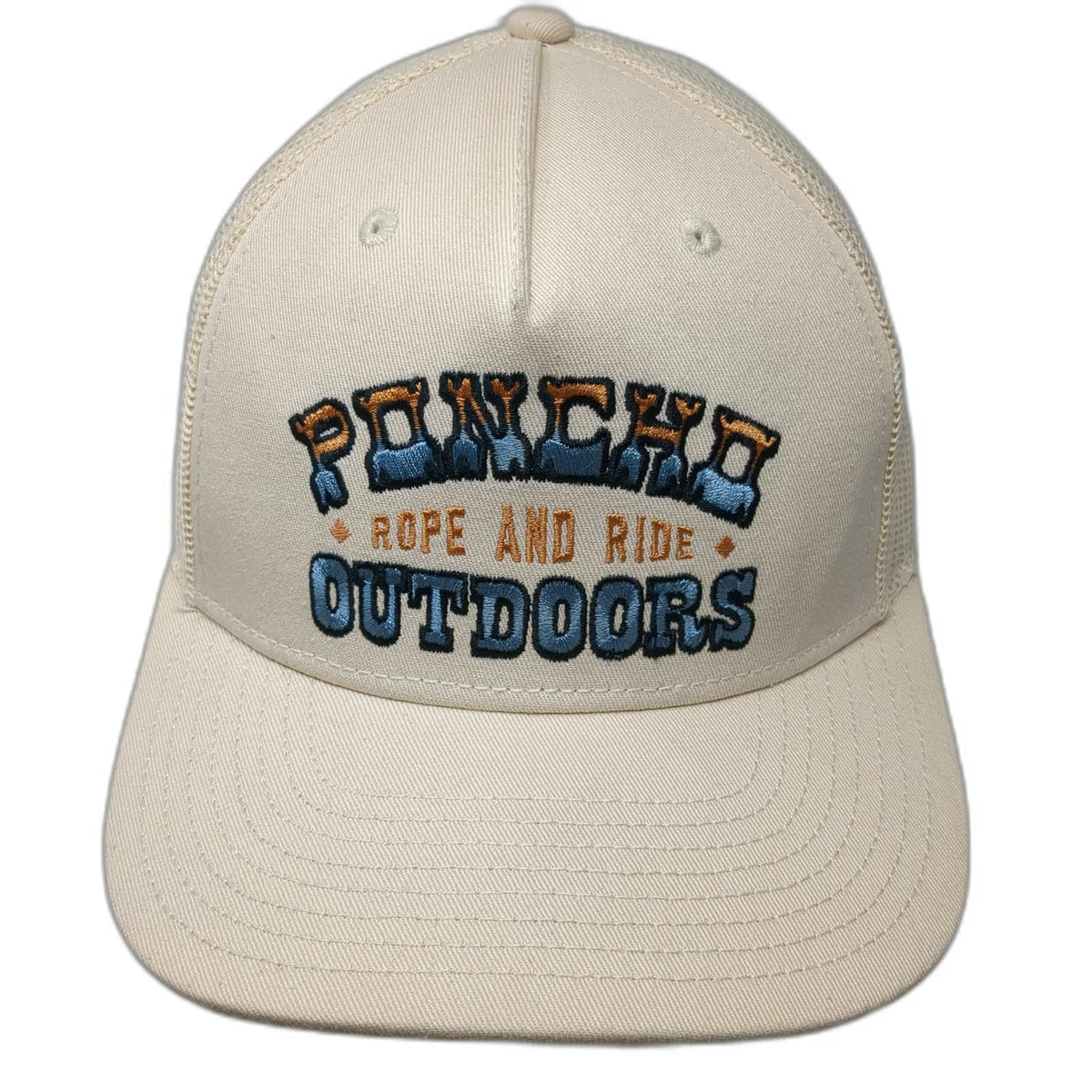 Poncho Outdoors Trucker Hat Beige One Size Mesh Back Blue Orange Rope and Ride