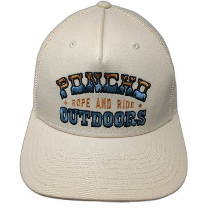 Poncho Outdoors Trucker Hat Beige One Size Mesh Back Blue Orange Rope and Ride