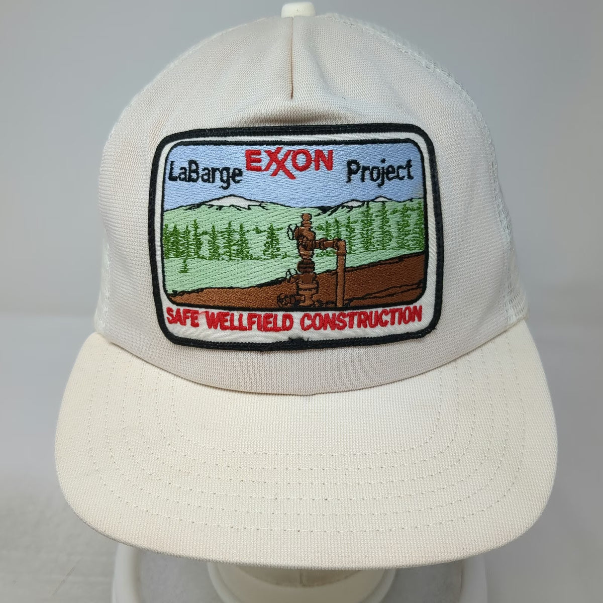 Crown Trucker Hat White OS Exxon LaBarge Project Oil Gas Wellfield Snapback