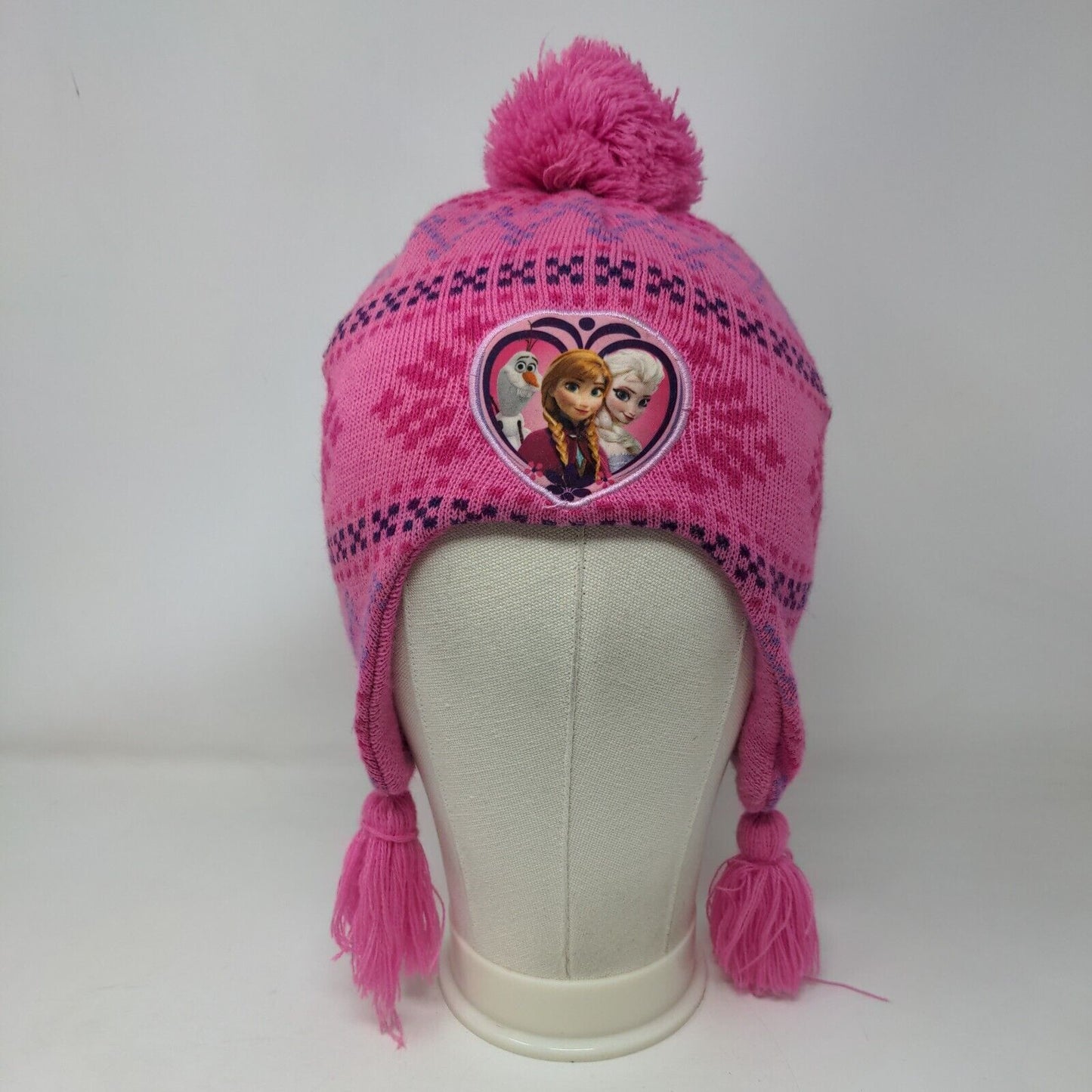 Disney Frozen Knit Pom Pom Beanie Hat Pink One Size Ear Flap Fair Isle