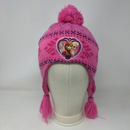 Disney Frozen Knit Pom Pom Beanie Hat Pink One Size Ear Flap Fair Isle