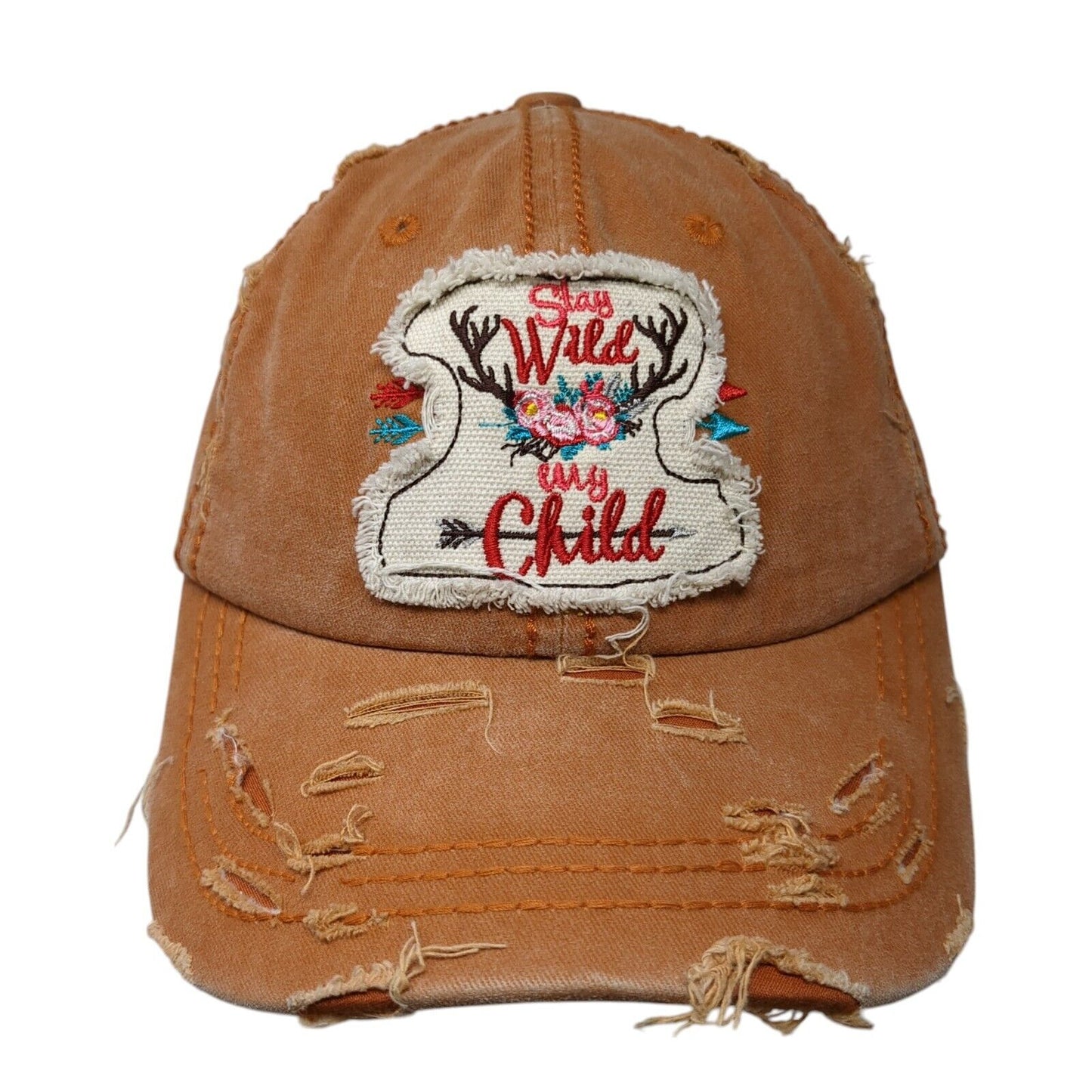 Stay Wild My Child Strapback Hat Brown OS Adjustable Distressed 4350 District