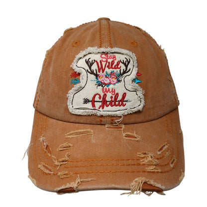 Stay Wild My Child Strapback Hat Brown OS Adjustable Distressed 4350 District