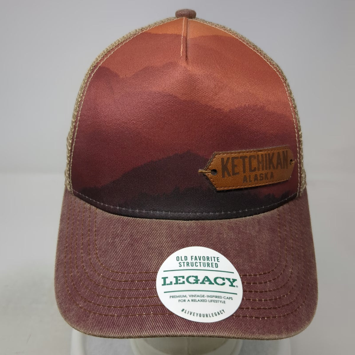 Legacy Trucker Hat Brown One Size Ketchikan Alaska Mountain Graphic Snapback