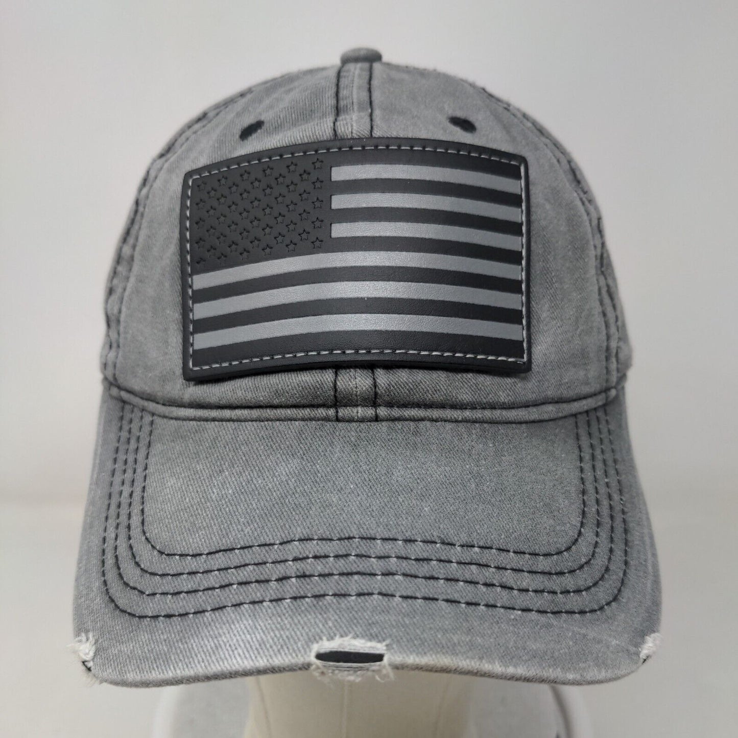 American Flag Leather Patch Strapback Hat Gray One Size Adjustable 6 Panel