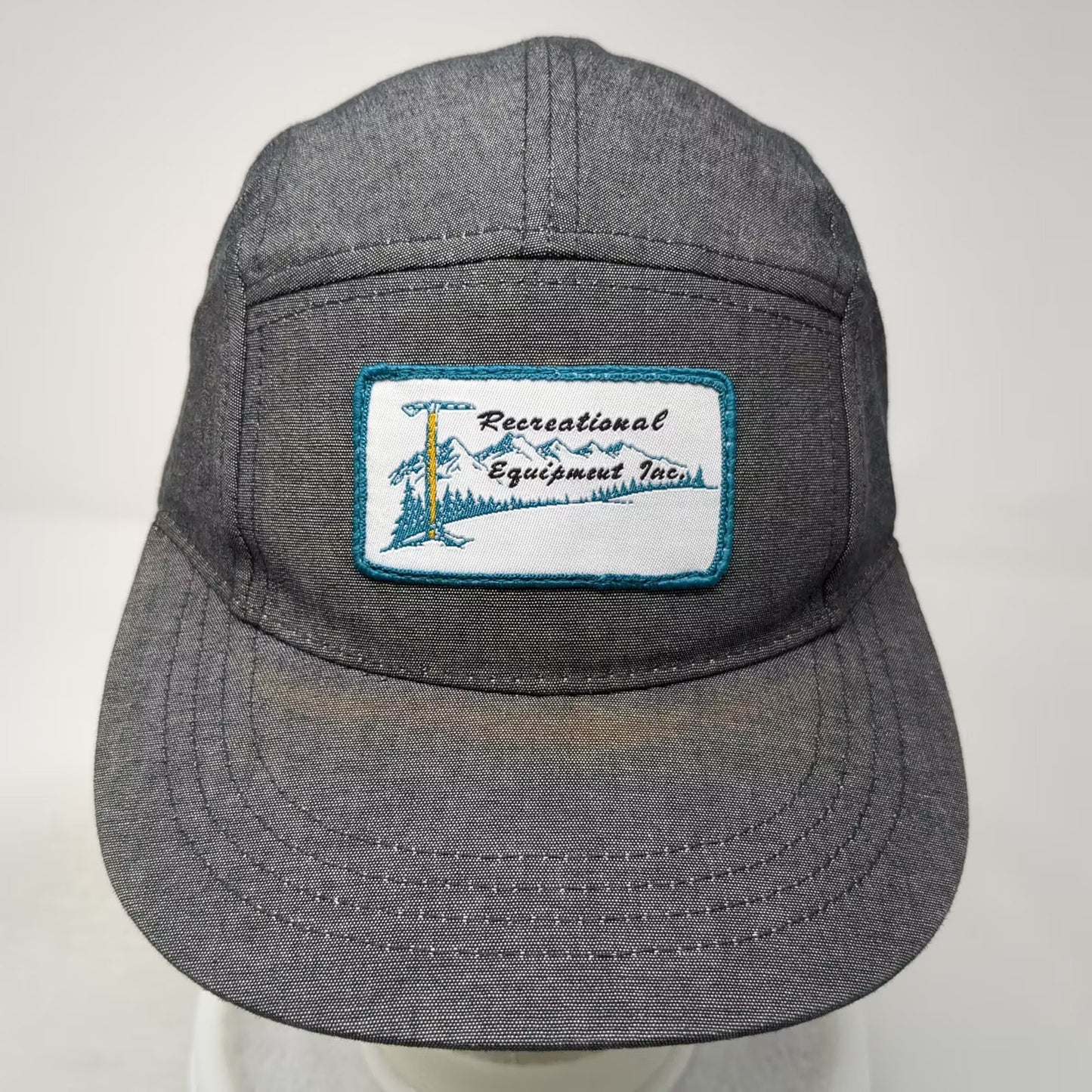 REI Gray 5 Panel Hat Mountain Patch Leather Slideback Adjustable Outdoor Gear OS