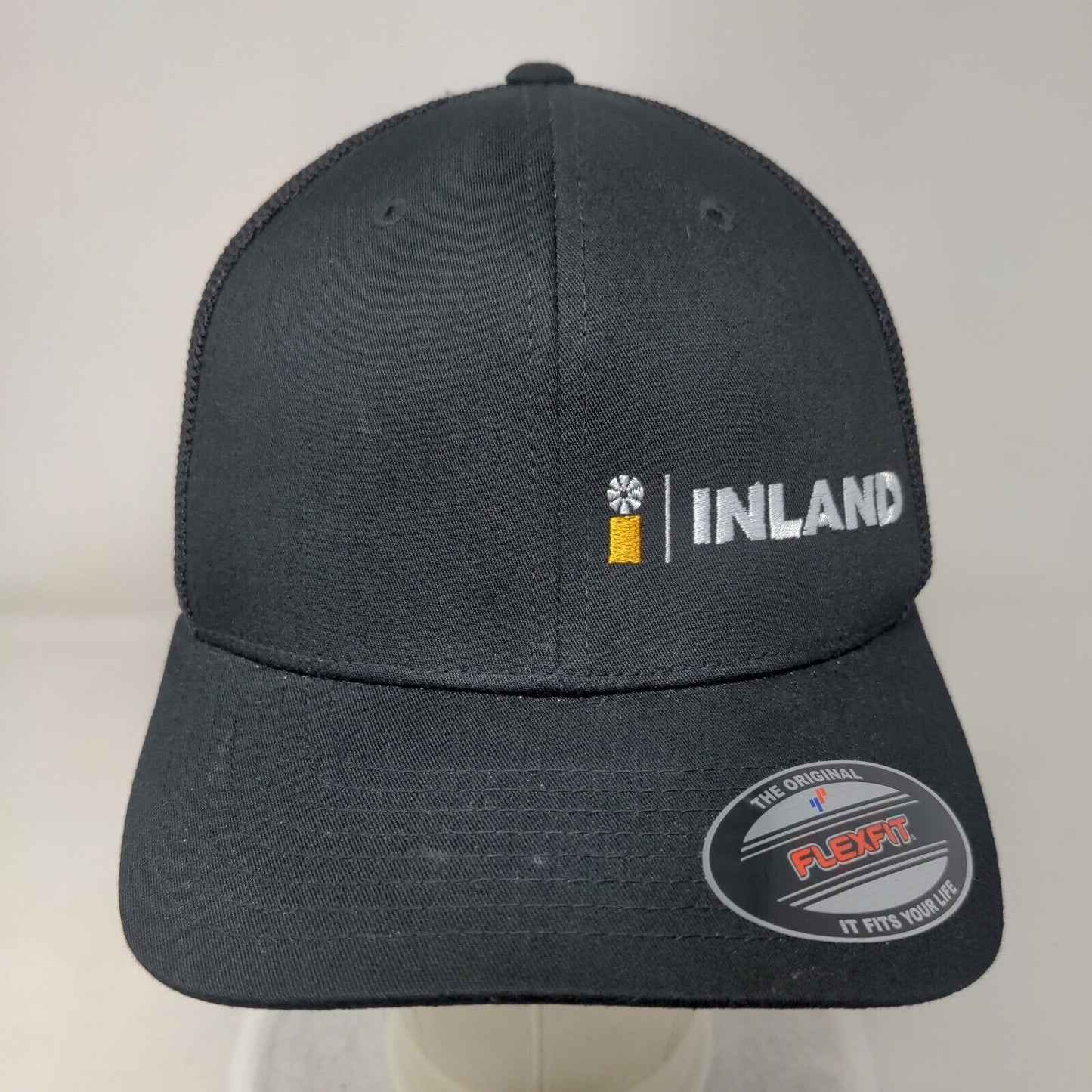 Inland Fitted Mesh Back Trucker Hat Black One Size Embroidered Flexfit