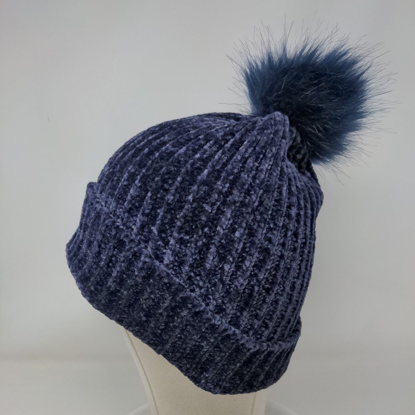 LOFT Beanie Hat Blue One Size Stretch Ribbed Knit Pom Pom Fleece Blank