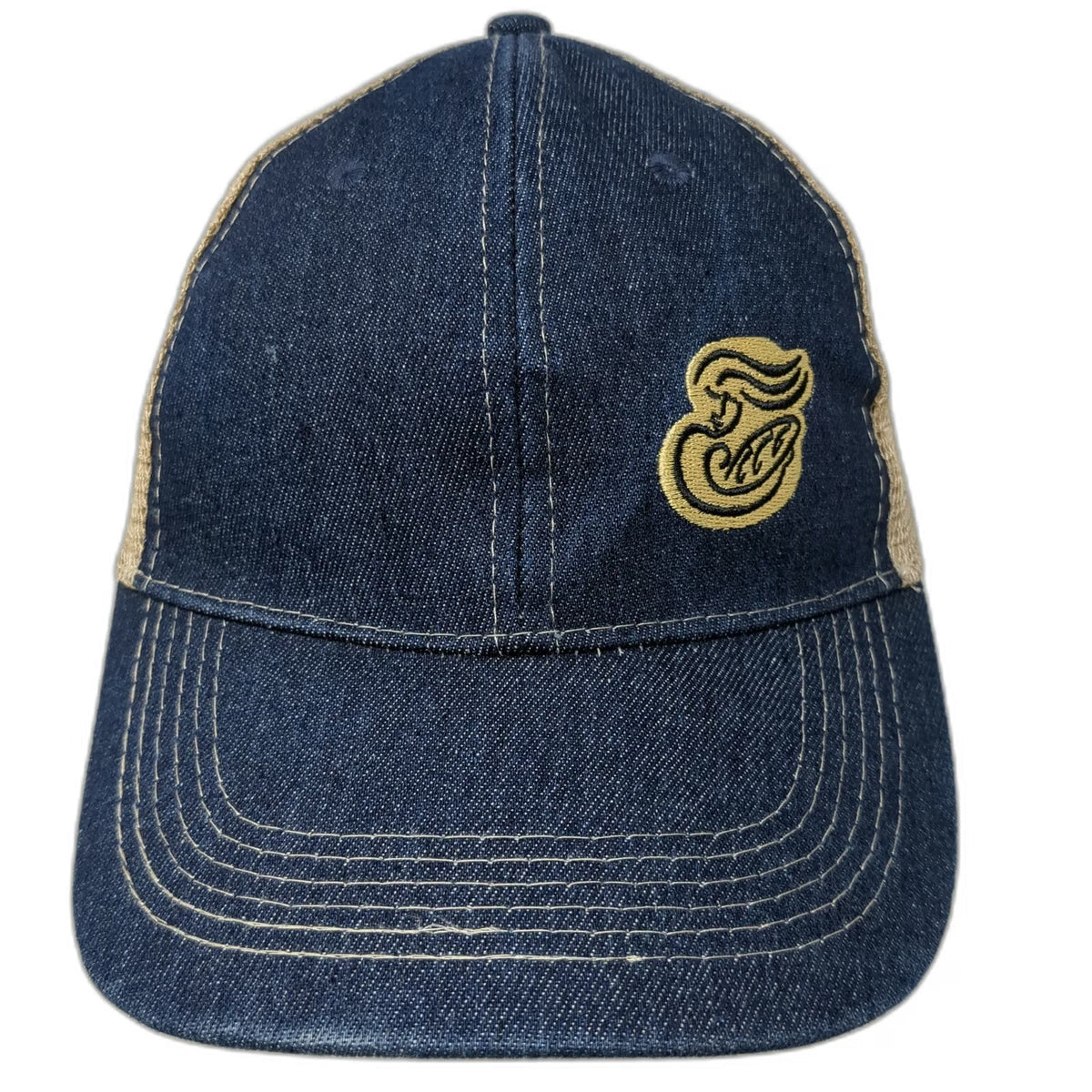 Baseball Cap Blue One Size Mesh Back Denim Embroidered Logo Strapback Hat Beige