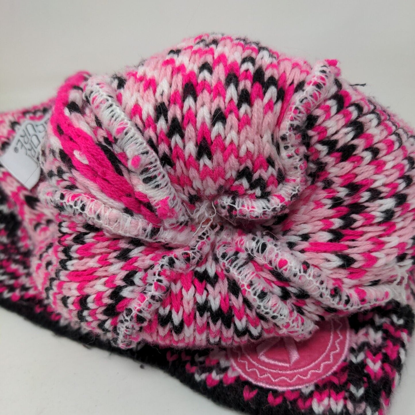 Support The Cure Pink Ribbon Knit Pom Pom Beanie Hat Multicolor OSFM
