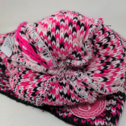 Support The Cure Pink Ribbon Knit Pom Pom Beanie Hat Multicolor OSFM