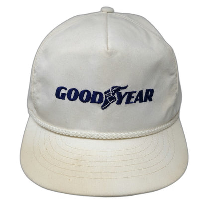 Goodyear Trucker White Vintage Rope Brim Snapback Hat Embroidered Logo Graphic