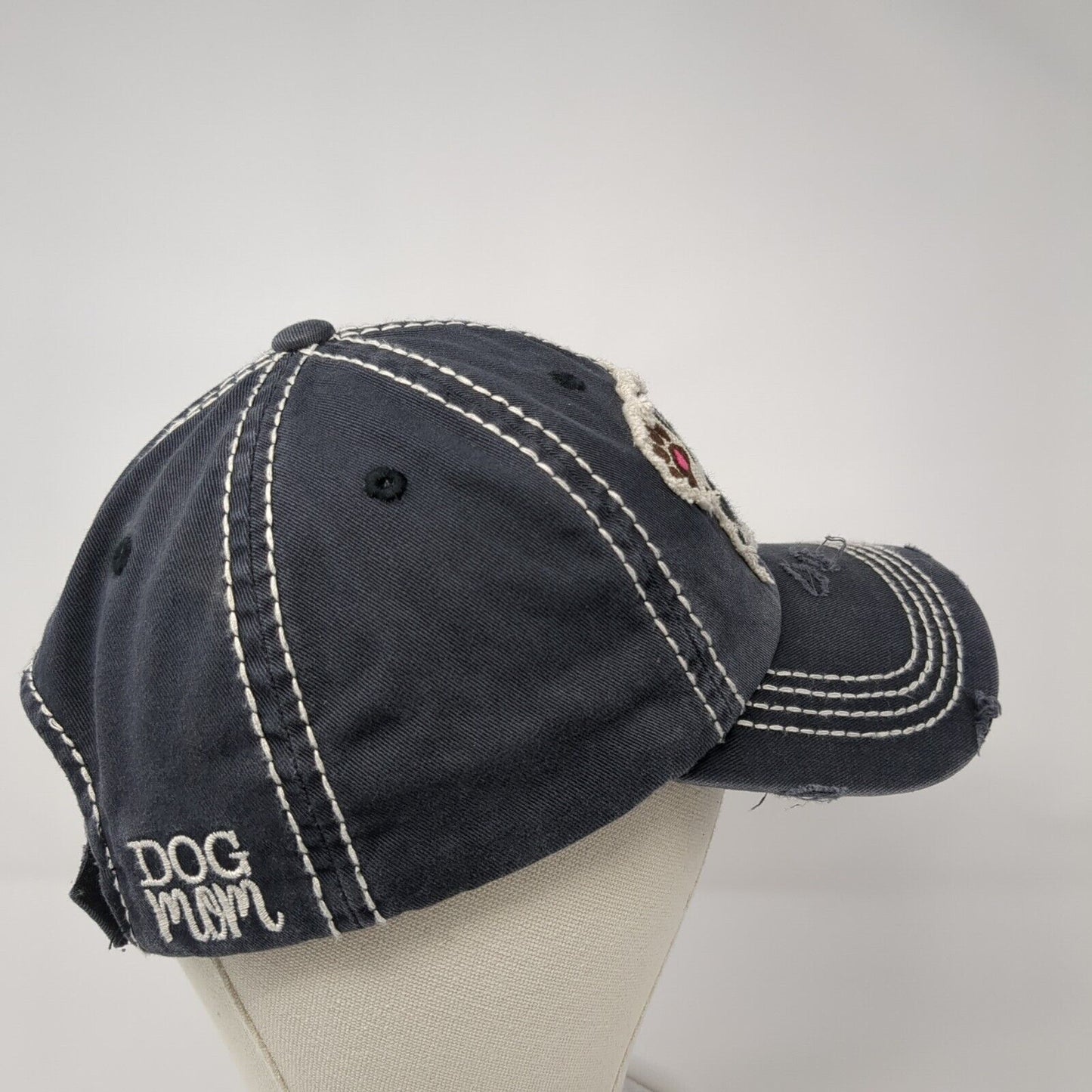 Dog Mom Strapback Hat Gray One Size Adjustable Embroidered Distressed Cotton
