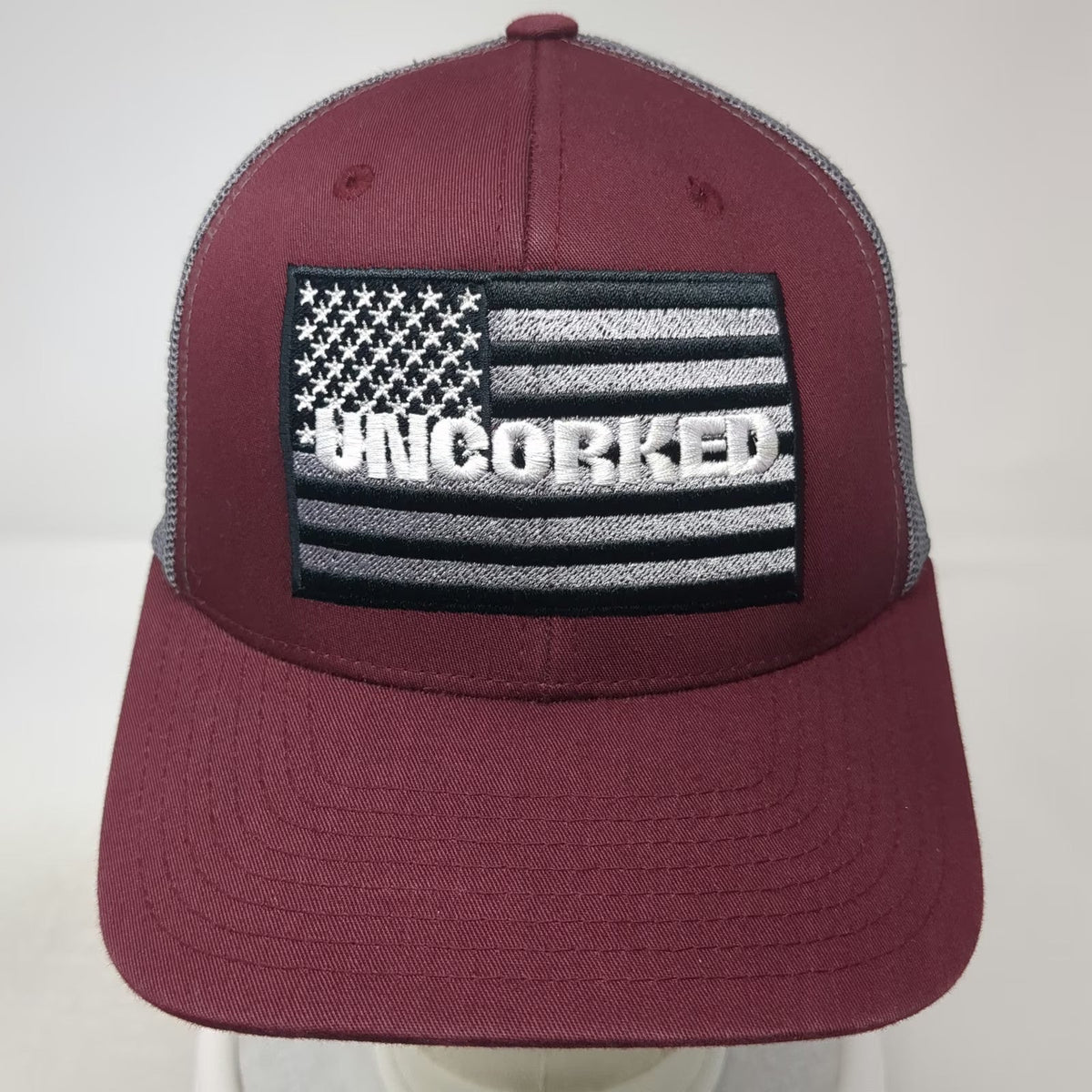 Yupoong Trucker Hat Red Gray One Size Uncorked Flag Patch Mesh Back Snapback
