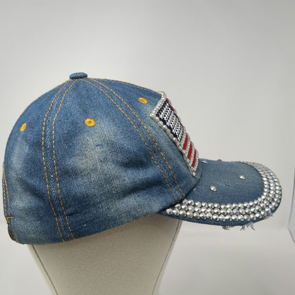Blue Baseball Cap One Size Hat American Flag Studded Rhinestones Slideback Denim