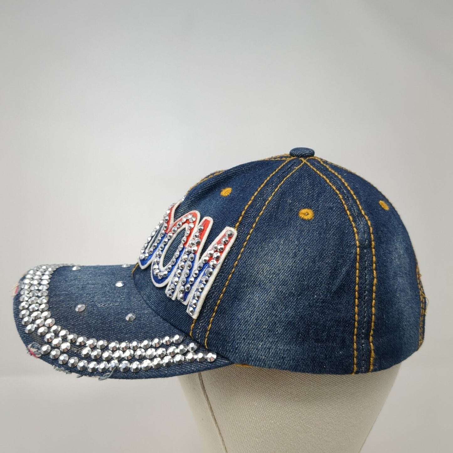 Freedom Rhinestone Bling Slideback Hat Blue One Size Denim Studded
