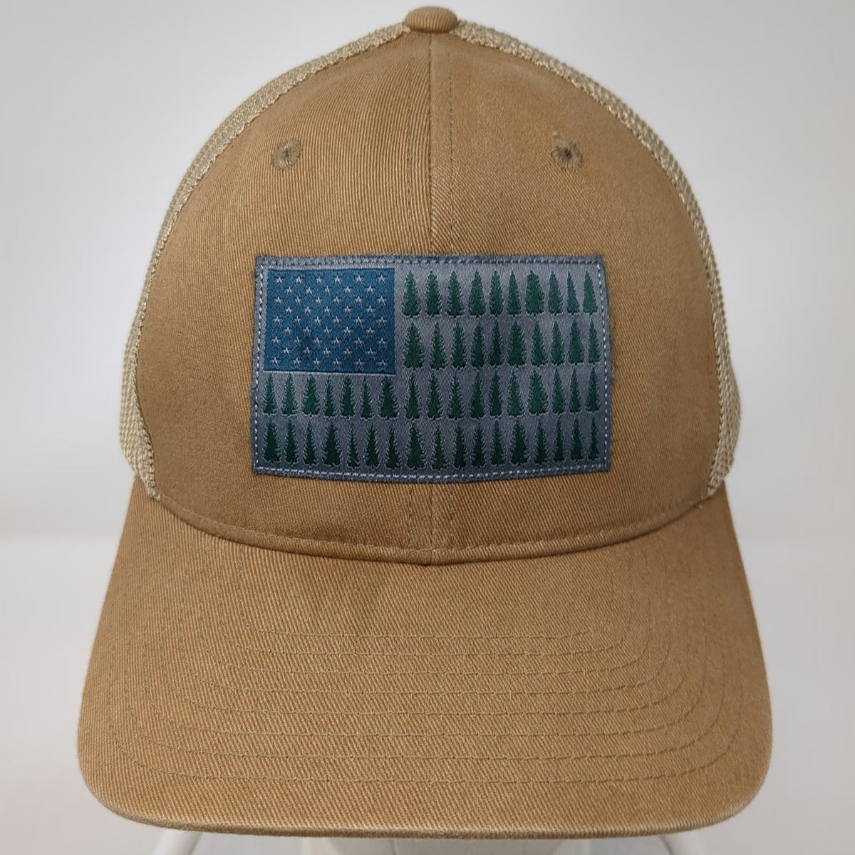 Columbia Baseball Cap Brown XL Mesh Stretch Fit Pine Tree American Flag Hat