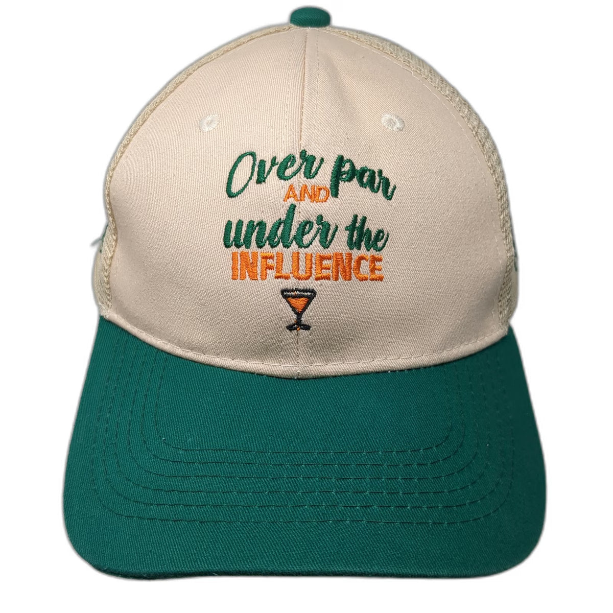 7-Eleven Baseball Cap Beige Green One Size Mesh Golf Over Par Influence Joke Hat