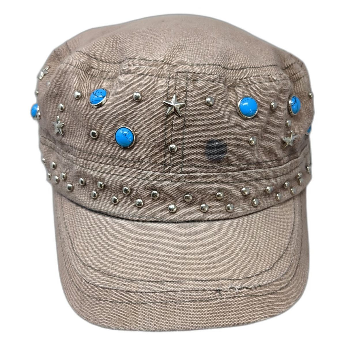 Brown Army Cap OSFM Studded Star Turquoise Embellished Cadet Cotton Hat Metal