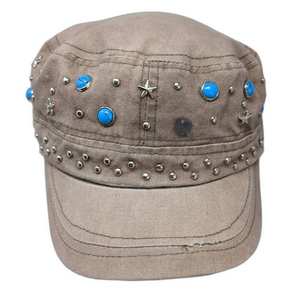 Brown Army Cap OSFM Studded Star Turquoise Embellished Cadet Cotton Hat Metal