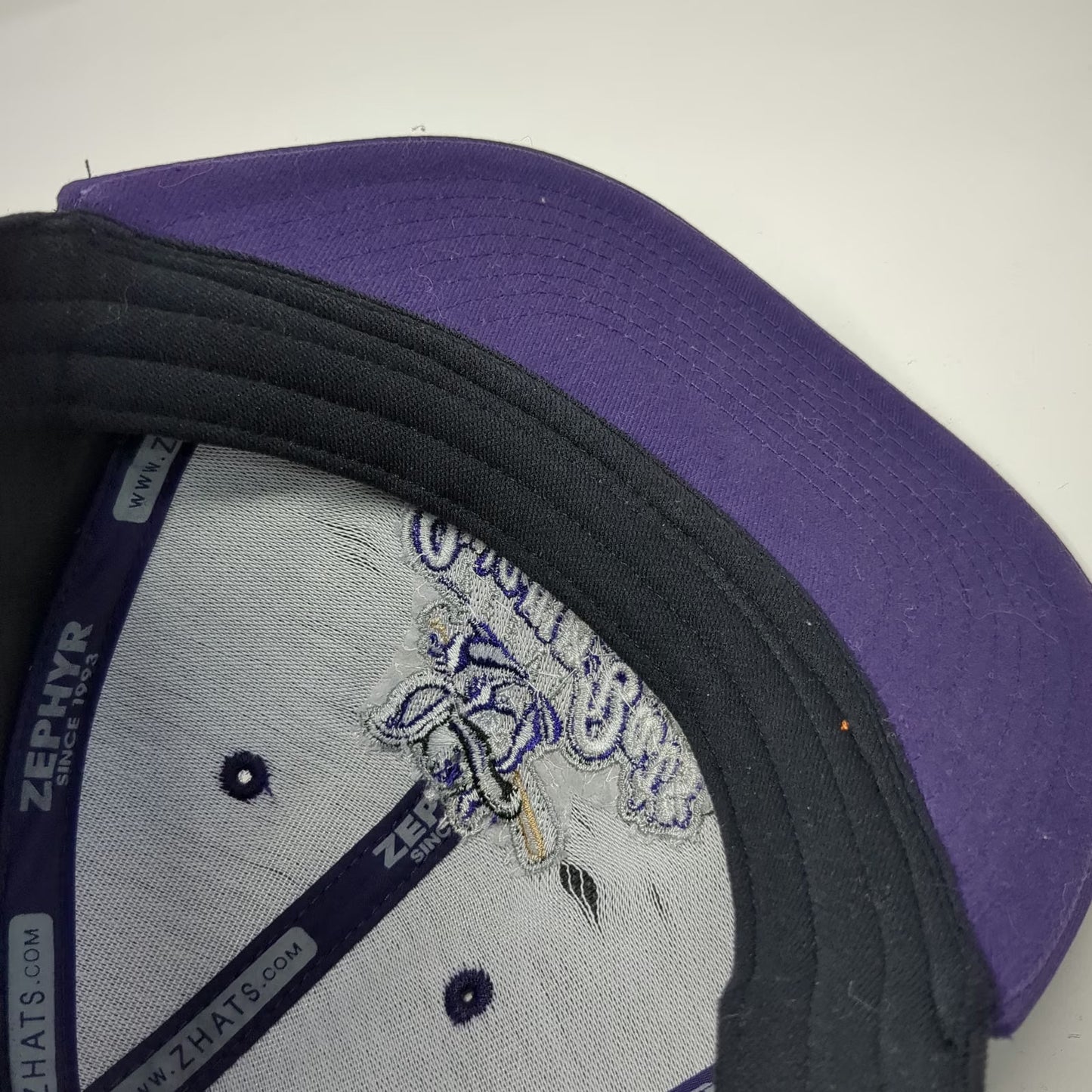 Zephyr Baseball Cap Black Purple L Keene Swamp Bats NECBL Stretch Fit Mascot Hat