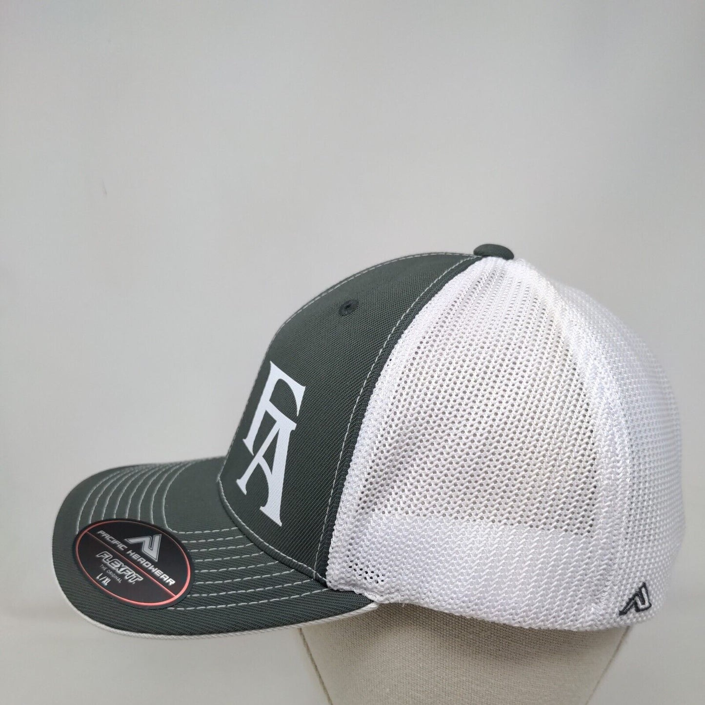 FA Fitted Trucker Hat Gray L/XL Mesh Back Vented Holes 6 Panel Pacific Headwear