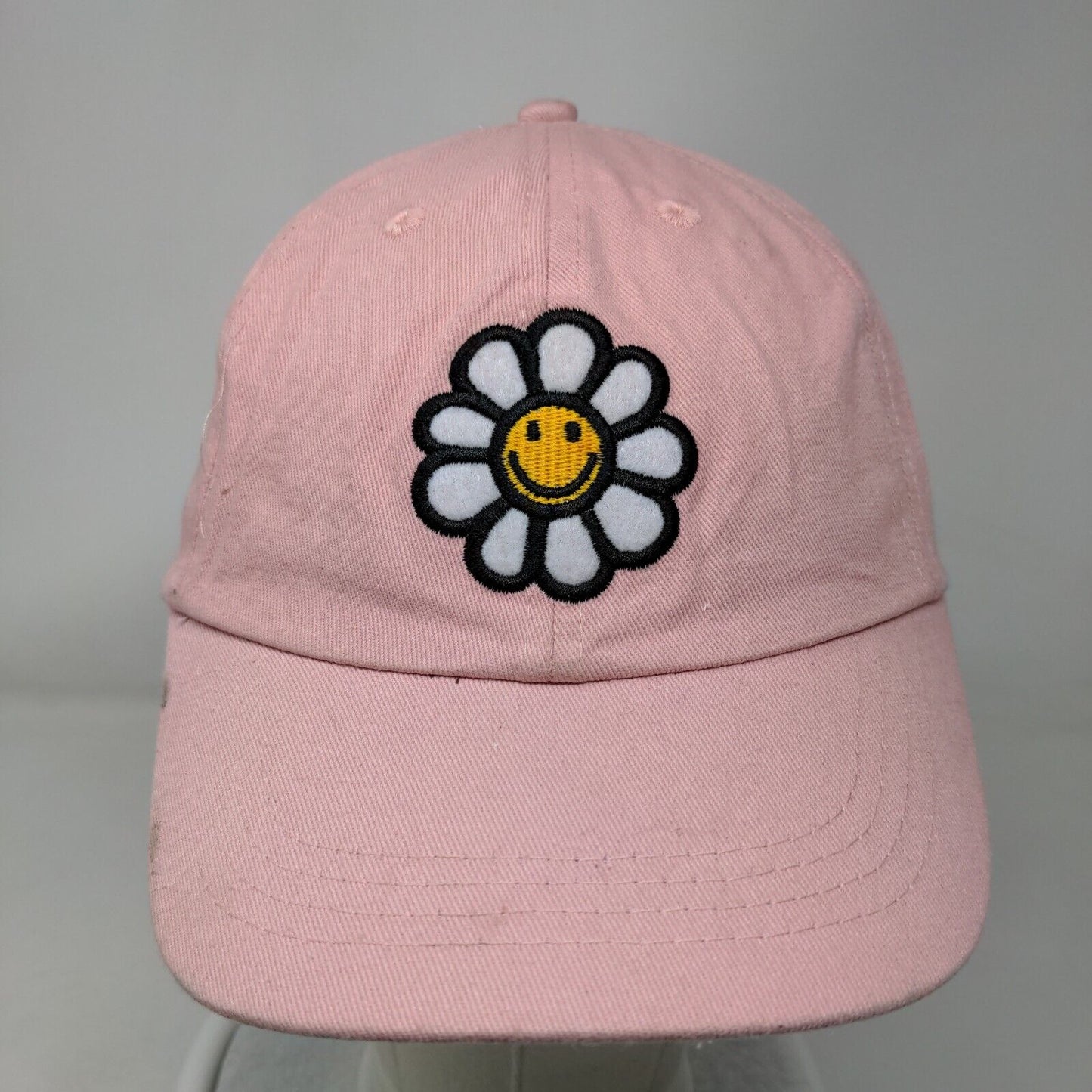 Happy Face Flower Strapback Hat Pink One Size Adjustable Embroidered 6 Panel