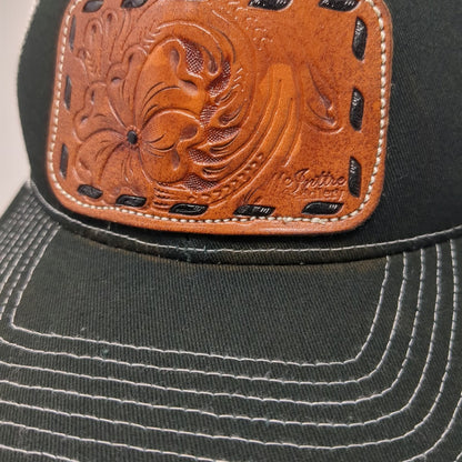Outdoor Cap Trucker Hat Black White One Size Leather Patch Floral Tooled Mesh