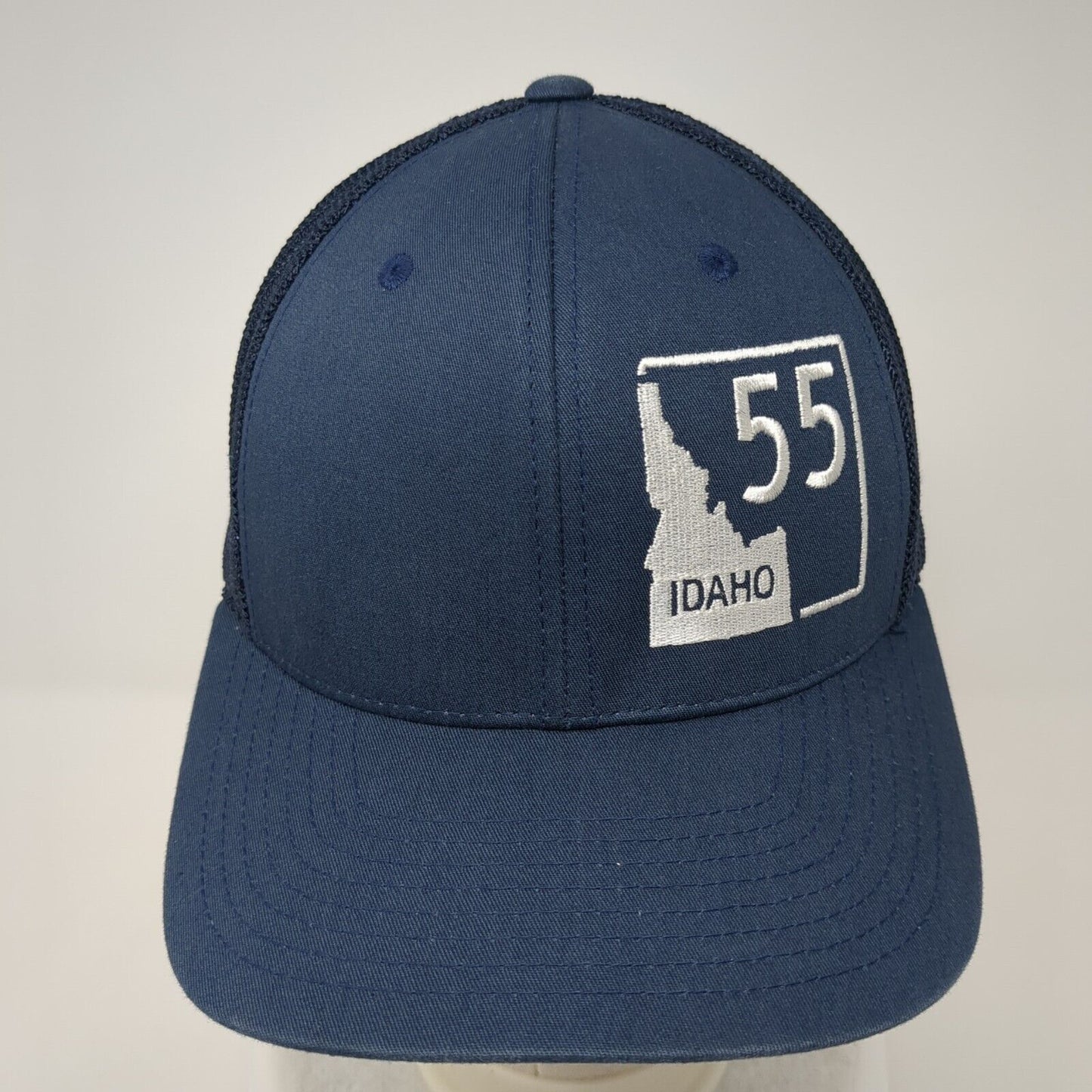 Idaho 55 Fitted Mesh Back Trucker Hat Blue One Size Flexfit Yupoong