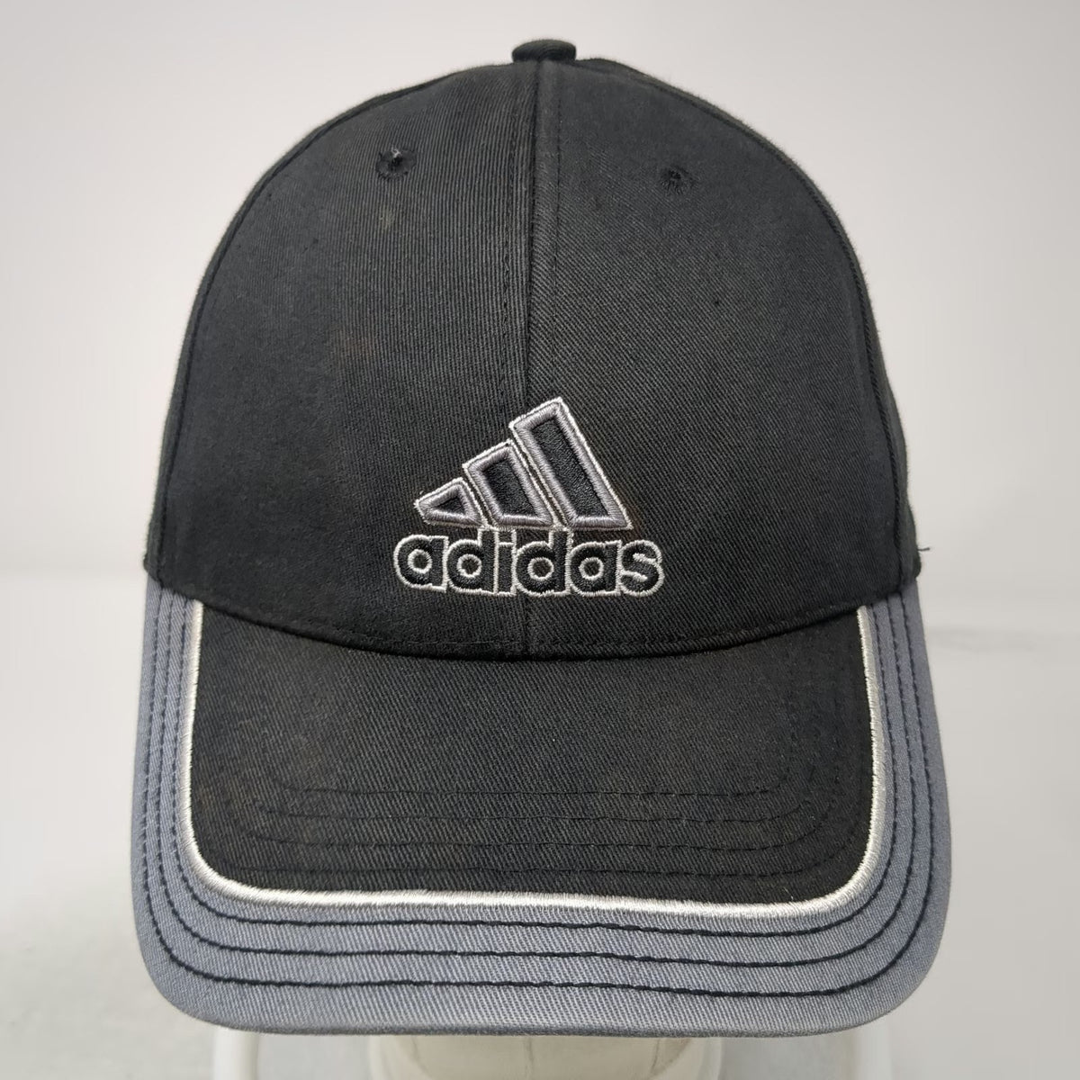 adidas Baseball Cap Black One Size 3-Stripes Strapback Cotton Logo Hat Gray Trim