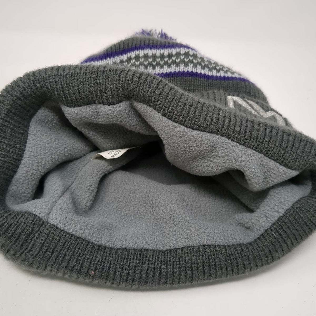 Indie Caps Beanie Gray One Size Pom Pom Fleece Lined M Logo Striped Knit Hat