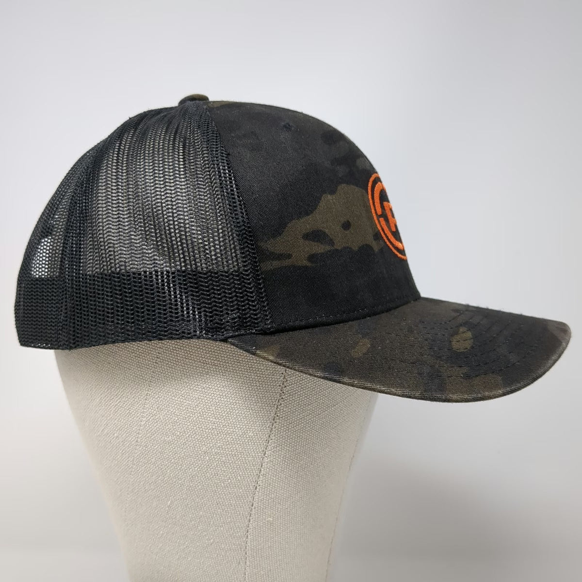 Yupoong Trucker Hat Black One Size Snapback Camo Orange Logo P Mesh Back Hat