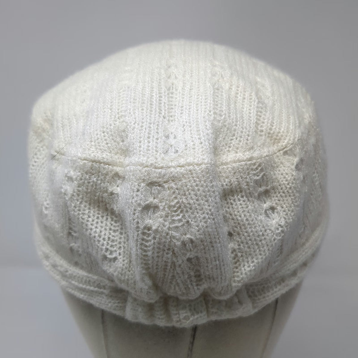 Army Cap White One Size Knit Pointelle Lace Pattern Polyester Elastic Back Hat