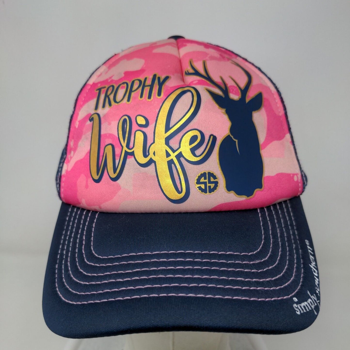 Simply Southern Women's Slideback Mesh Back Hat Blue Pink Camo Trophy Wife Funny