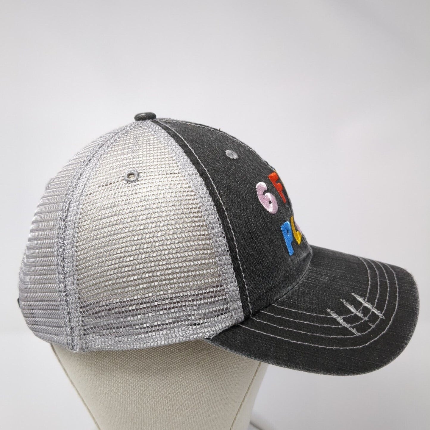 6 Feet Plz Strapback Mesh Back Trucker Hat Gray One Size Embroidered